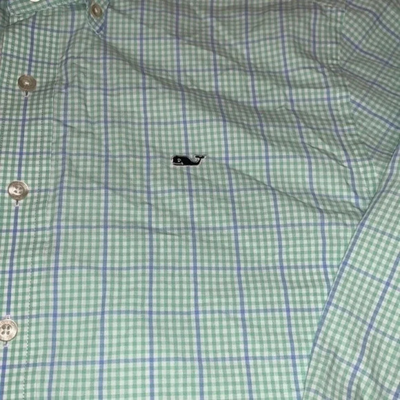 Vineyard Vines Whale Shirt Button Down Preppy Green Gingham with Blue Size Med - Picture 2 of 7